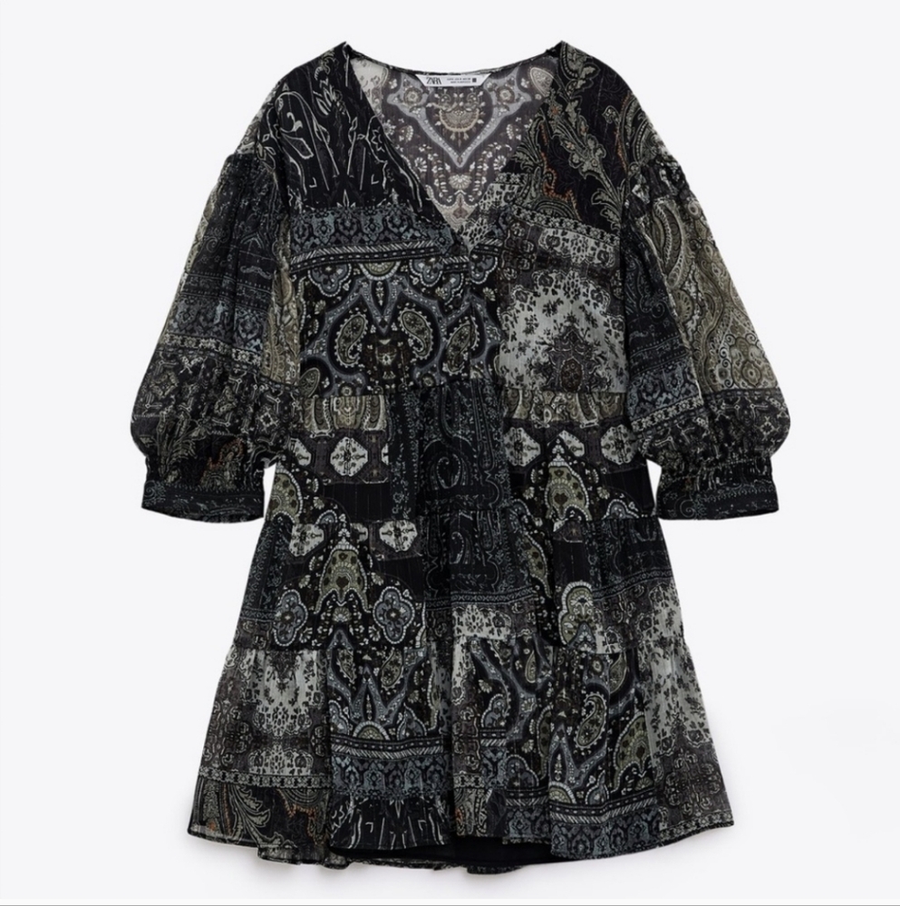 Zara Paisley Ruffle Hem Glitter V-Neck Boho Mini Dress